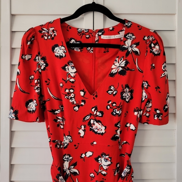 Veronica Beard Joia Red Multi Floral Print V-Neck Belted Midi Dress Size 2 - XS - Picture 5 of 15